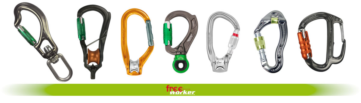 Materialkarabiner und Motorsägenhaken Diverse Karabiner in verschiedenen Formen, Farben und Größen
